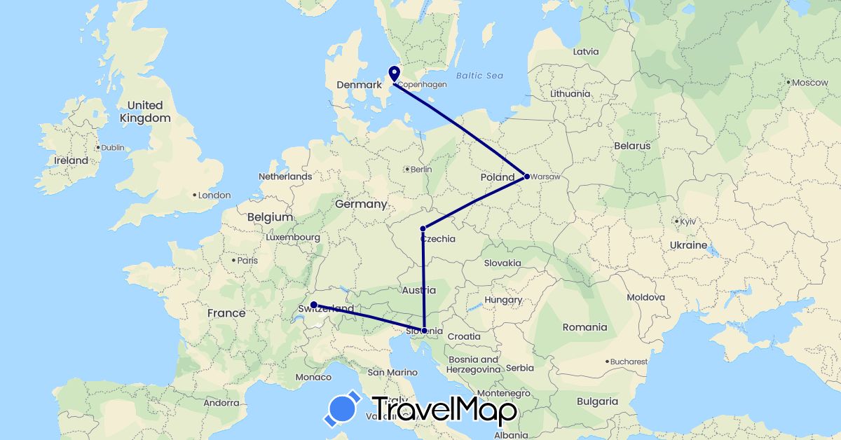 TravelMap itinerary: driving in Switzerland, Czech Republic, Denmark, Poland, Slovenia (Europe)